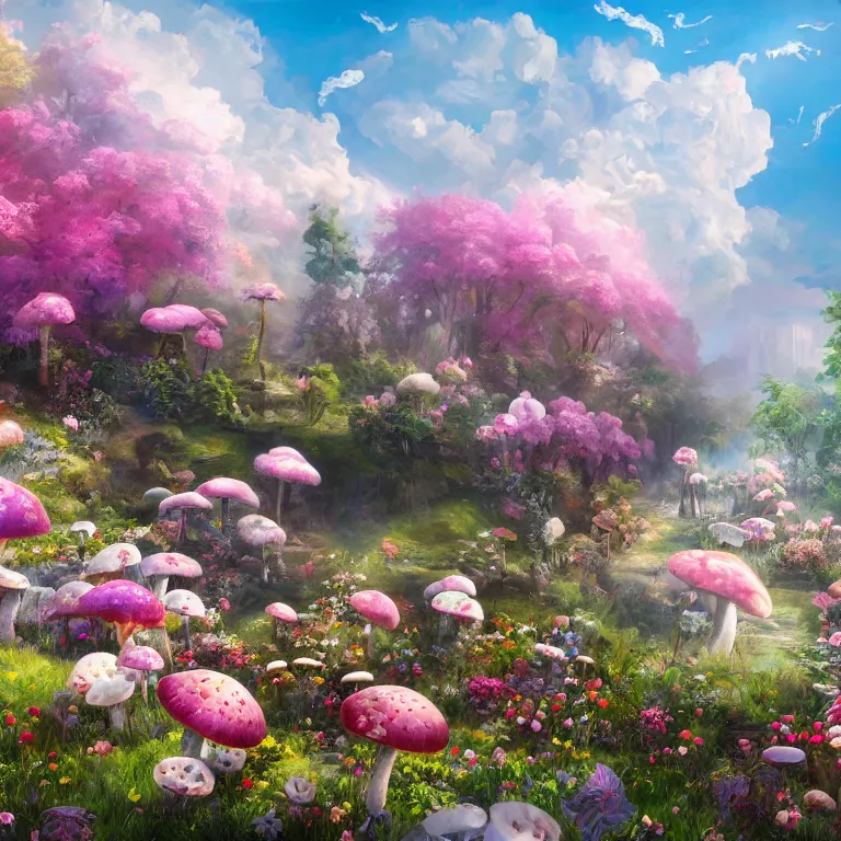 Prompt: a beautiful painting of every cloud has a silver lining, paradise, made from flowers and fungi, highly detailed, 8 k resolution, trending on artstation