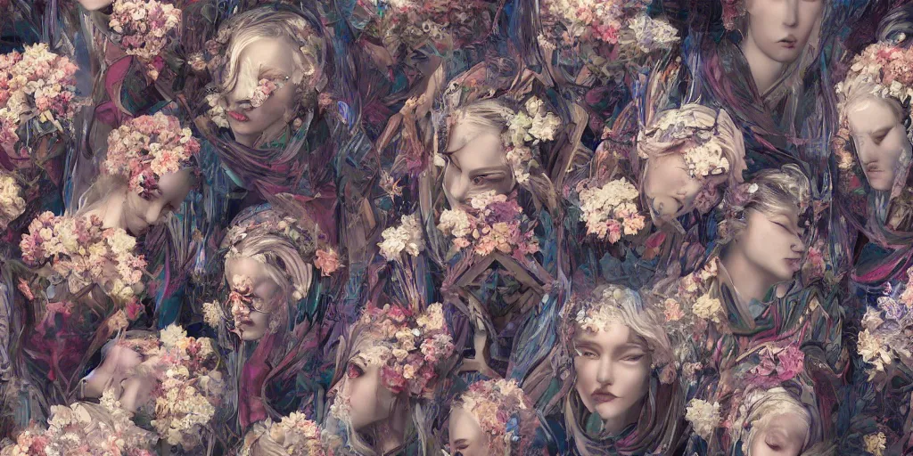 Image similar to breathtaking detailed concept art painting kaleidoscope art deco pattern of blonde faces goddesses amalmation flowers, by hsiao - ron cheng, bizarre compositions, exquisite detail, extremely moody lighting, 8 k