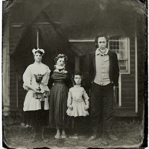 Image similar to creepy cursed daguerreotype portrait photo of a 1800's alien family standing in front of a Victorian house, Hyperrealism. Weirdcore