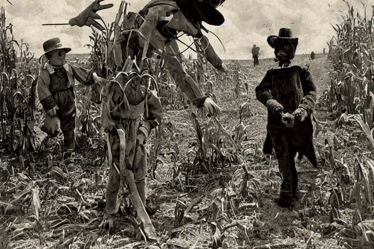 Prompt: disturbing scarecrow from the early 1 9 0 0's leading innocent children into the cornfields