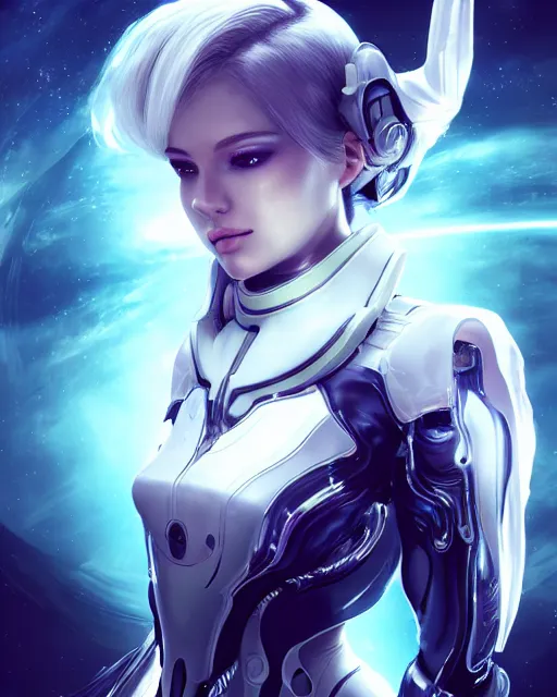 Image similar to photo of a beautiful girl on a mothership, android, warframe armor, pretty face, scifi, futuristic, galaxy, raytracing, dreamy, perfect, aura of light, pure, white hair, blue cyborg eyes, glow, insanely detailed, artstation, innocent look, art by gauthier leblanc, kazuya takahashi, huifeng huang