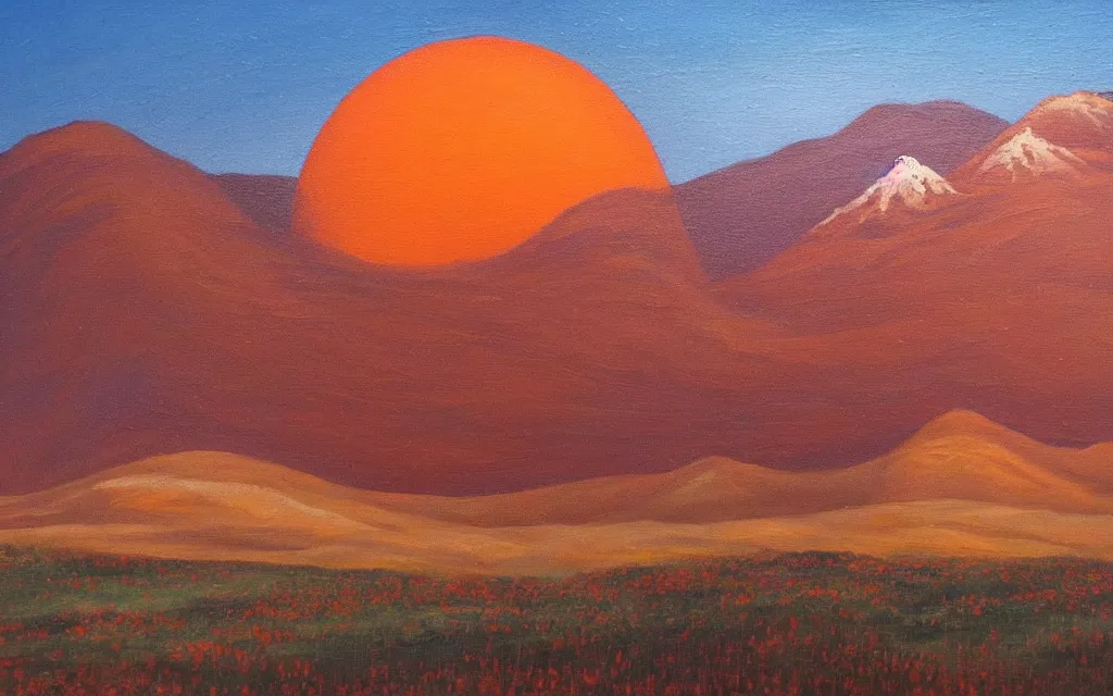 Prompt: The sky's a burnt orange with the Citadel enclosed in a mighty glass dome, shining under the twin suns the mountains go on forever Slopes of deep red grass, capped with snow. award winning oil painting