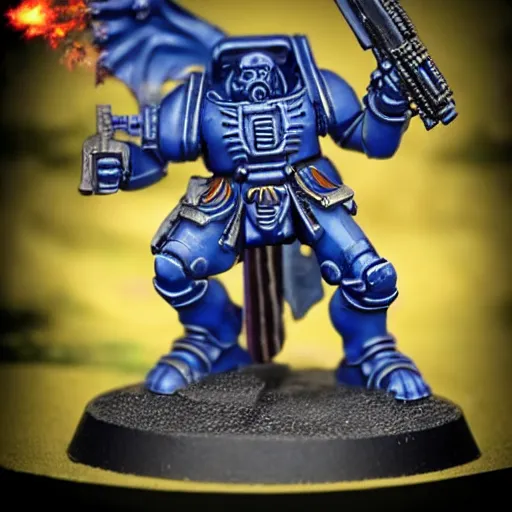 Image similar to An ultramarine who shoots a bolter at a House demon, in the background there are many other ultramarines who also open fire on demons, a very beautiful style,Warhammer Trailer Style 40000, Very detailed picture,