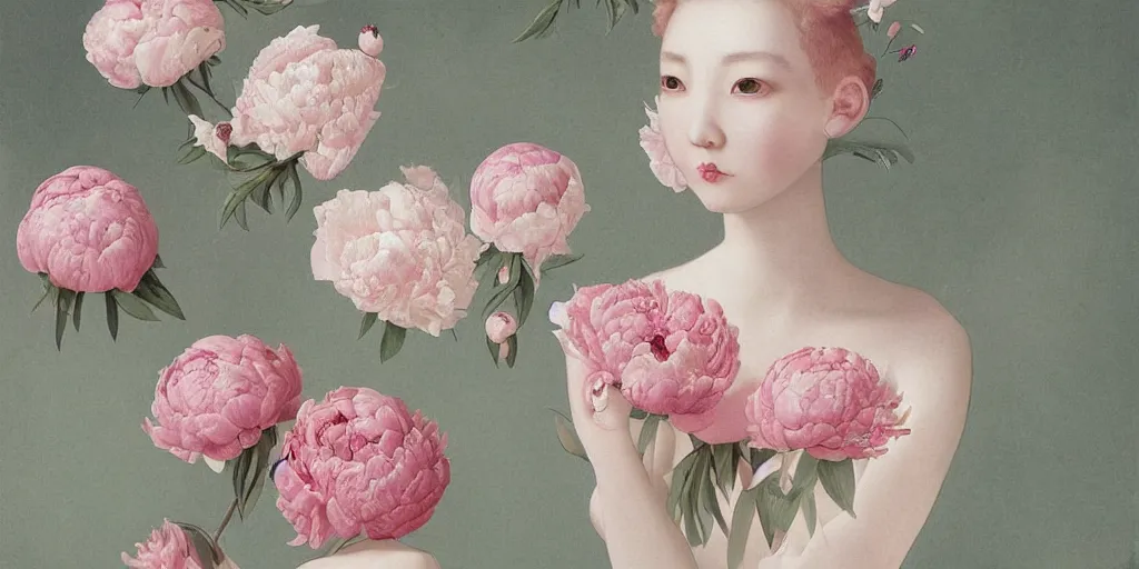 Prompt: breathtaking detailed concept art painting blend of pink short hair goddesses of peonies by hsiao - ron cheng with anxious piercing eyes, vintage illustration pattern with bizarre compositions blend of flowers and fruits and birds by beto val and john james audubon, exquisite detail, extremely moody lighting, 8 k