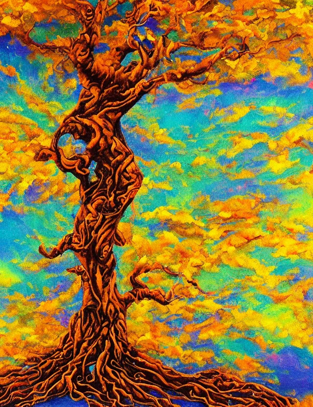 Prompt: tree of knowledge erudite gnostic wisdom, golden boughs and roots, celestial skies and lambent clouds, oil painting award winning, chromatic aberration bright colors