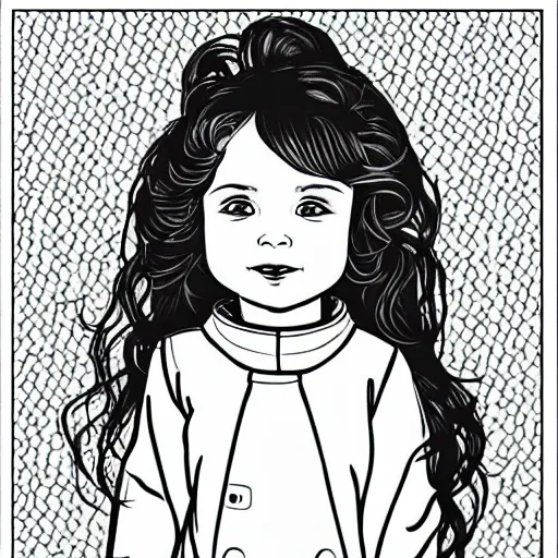 Image similar to clean simple line art of a cute little girl with a mischievous face and short brown wavy curly hair. she is dressed as an astronaut. no background. well composed, clean coloring book page, beautiful detailed face. coloring book line art by artgerm and greg rutkowski and johanna basford and alphonse mucha