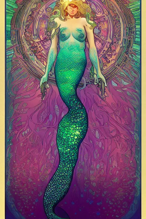 Image similar to a beautiful psychedelic mermaid, symmetrical features, cinematic lighting, soft bokeh, fantasy, modern, colourful, highly detailed, digital painting, artstation, deviantart, concept art, sharp focus, illustration, by alphonse mucha