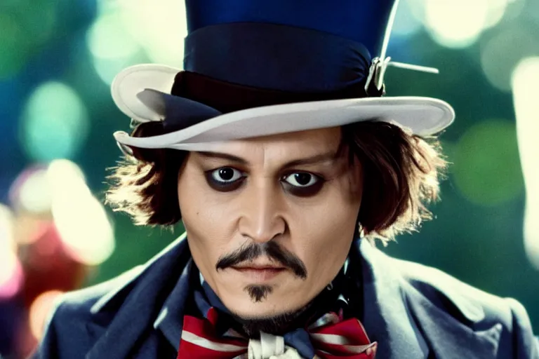 Prompt: johnny depp as a character in willy wonka's chocolate factory movie directed by tim burton,, cinematic still, movie still, long lens, shallow depth of field, bokeh, anamorphic lens flare, 8 k
