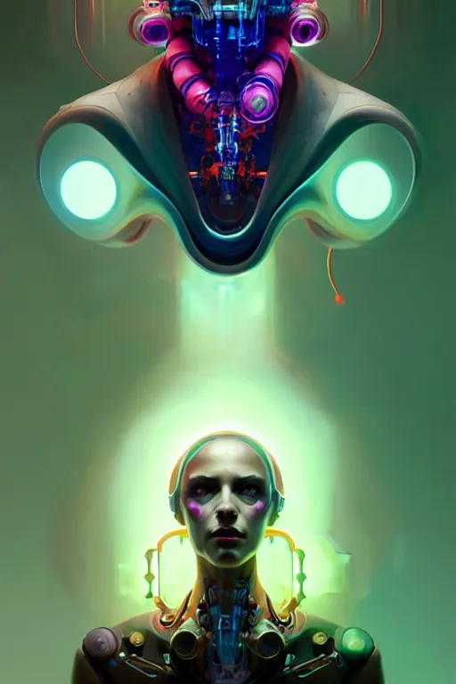 Prompt: portrait, biomechanical bioluminescent creature, cyberpunk, elegant baroque, asymmetrical art, hyperrealism colorful, vivid, imposing, epic, digital painting, artstation, concept art, by peter mohrbacher and wlop and rhads