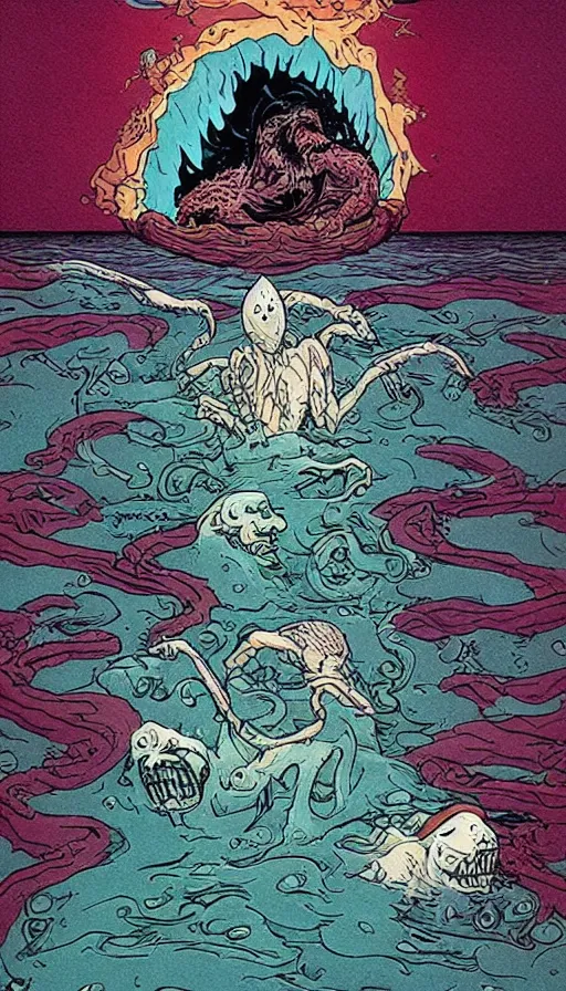 Prompt: man on boat crossing a body of water in hell with creatures in the water, sea of souls, by alex pardee