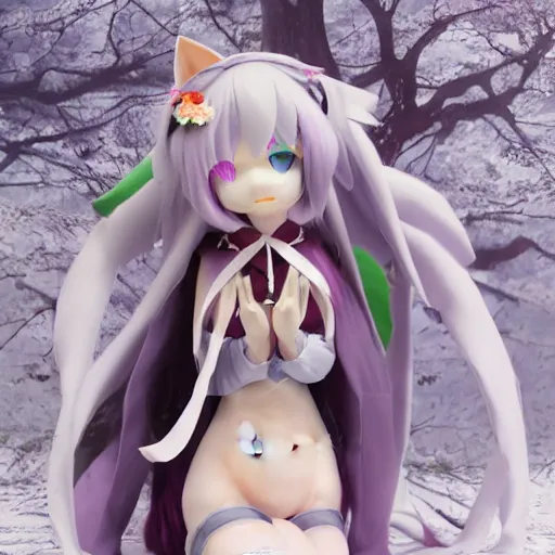 Image similar to cute fumo plush of a catgirl priestess of the cathedral of the forest, feline catmaiden, vray