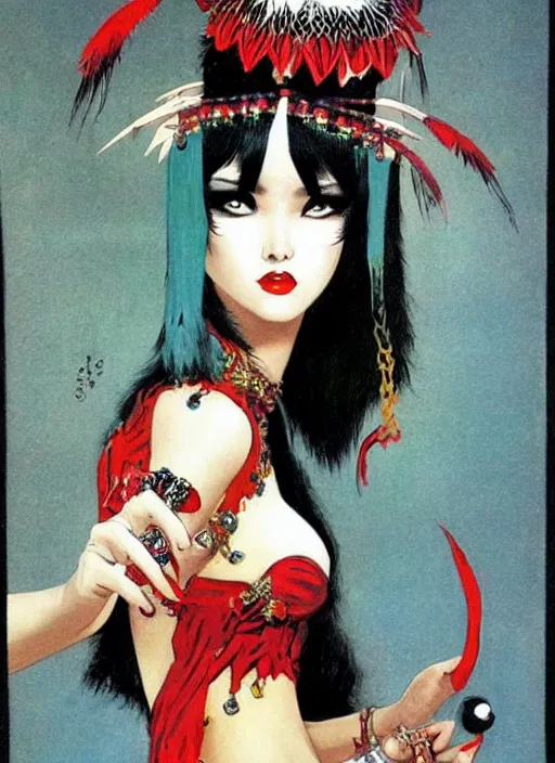 Image similar to junoesque female korean vampiress, jeweled headdress, heavy mascara, strong line, saturated color, beautiful! coherent! by frank frazetta, high contrast, minimalism