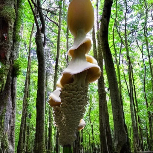 Prompt: giant beautiful oyster mushrooms growing taller than trees in a forest in the style of keith haring