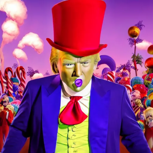 Image similar to portrait of donald trump as willy wonka in, fantasy, splash art, movie still, detailed face, photorealistic facial features, cinematic lighting, dramatic, octane render, long lens, shallow depth of field, bokeh, anamorphic lens flare, 8 k, hyper detailed, 3 5 mm film grain