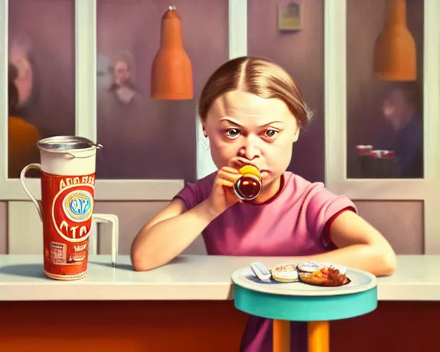 Prompt: closeup profile portrait of a greta thunberg drinking soda in a 1 9 5 0 s diner, nicoletta ceccoli, mark ryden, lostfish, max fleischer, hyper realistic, artstation, illustration, digital paint, matte paint, vivid colors, bright, cheerful, detailed and intricate environment