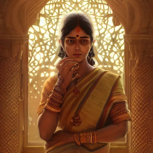 Image similar to south indian woman, sari, ultra realistic, concept art, intricate details, eerie, horror, highly detailed, photorealistic, octane render, 8 k, unreal engine. art by artgerm and greg rutkowski and alphonse mucha