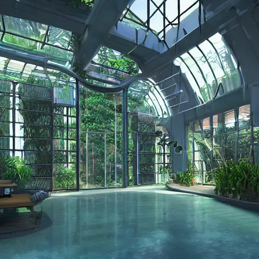 Image similar to cyberpunk futuristic greenhouse apartments in a tropical forest setting. dusty moody lighting. heavy rain is falling through a central opening in the roof, into a dimly lit pool of water in the center of the room. architectural concepts inspired by dune 2 0 4 9, 8 k, photorealism, hdr, ultra sharp, environmental render, concept