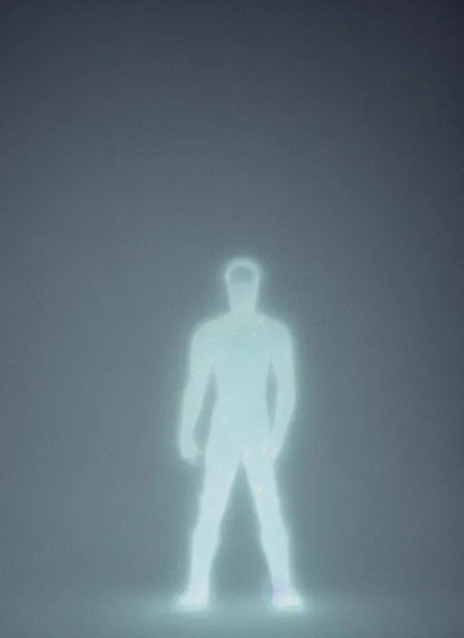 Prompt: crystallized human silhouette, large diffused glowing aura, long exposure, film grain, cinematic lighting, concept art