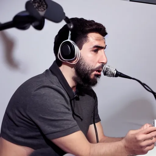 Image similar to handsome Portuguese male twitch streamer looking angrily at his expensive studio mic which isn't working, 4k