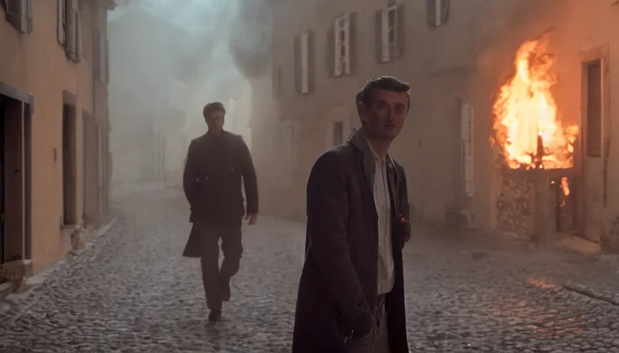 Prompt: movie still of nathan never in a french style townhouse who is burning in a small french village, heavy grain, high quality, high detail, dramatic light, anamorphic, flares