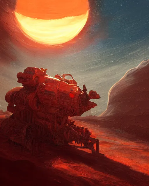 Prompt: ancient space ship, desert planet, cinematic, highly detailed, scifi, intricate digital painting, sunset, red glow, illustration, artstation