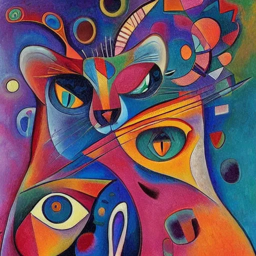 Prompt: A highly stylized conceptual art 4k shaded, finely detailed, matte painting with intricate textures and patterns of two abstract expressionist cats , their bodies intertwined together in the style of Kandinsky