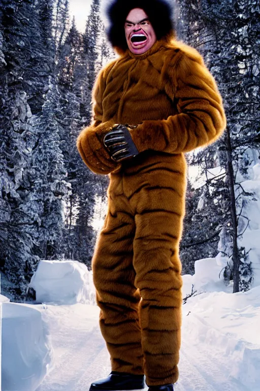 Prompt: 1 8 mm f 1 6 wide shot full body portrait photography of a crazy man wearing fur mittens who looks like a mix of lou diamond phillips and jack black wearing a retro alien invasion movie costume from the 1 9 6 0 s, photo by gregory crewdson