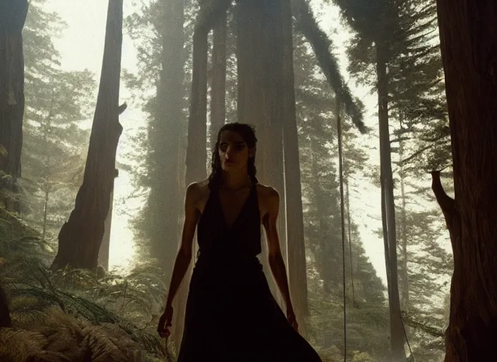 Image similar to First image from Paul Thomas Anderson's new film Big Sur, starring Sofia Boutella. Cinematography by Michael Bauman, shot on Kodak Vision 200T. 8k print.