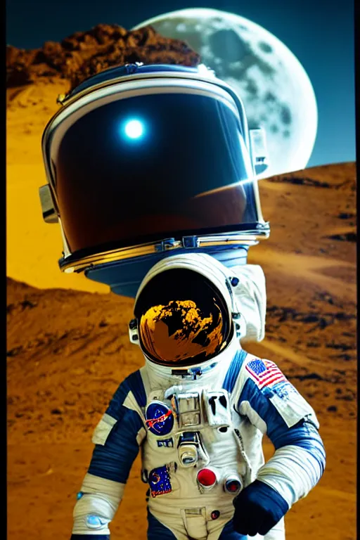 Image similar to extremely detailed portrait of space astronaut, wearing gloves, iphone in hand, reflection of the moon in visor, alien looking over shoulder from behind, extreme close shot, dramatic backlight, award winning photo by jimmy nelson