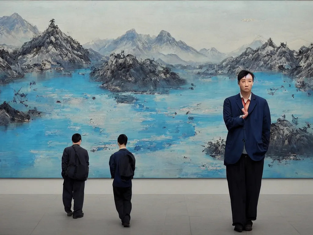 Prompt: ‘The Center of the World’ (office worker at an art gallery, standing in front of a Liu Xiaodong neo-realist landscape oil painting, large thick messy colorful brushstrokes, blue river and mountains) was filmed in Beijing in April 2013 depicting a white collar office worker. A man in his early thirties – the first single-child-generation in China. Representing a new image of an idealized urban successful booming China.