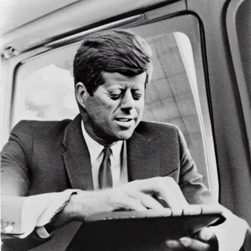 Image similar to 1 9 7 0 s vintage photograph of john f kennedy using an ipad, very detailed, very intricate, photorealistic,