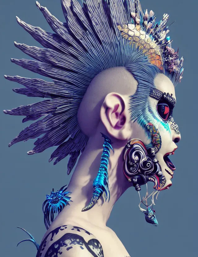 Image similar to 3 d goddess close - up profile portrait punk with mohawk with ram skull. beautiful intricately detailed japanese crow kitsune mask and clasical japanese kimono. betta fish, jellyfish phoenix, bio luminescent, plasma, ice, water, wind, creature, artwork by tooth wu and wlop and beeple and greg rutkowski