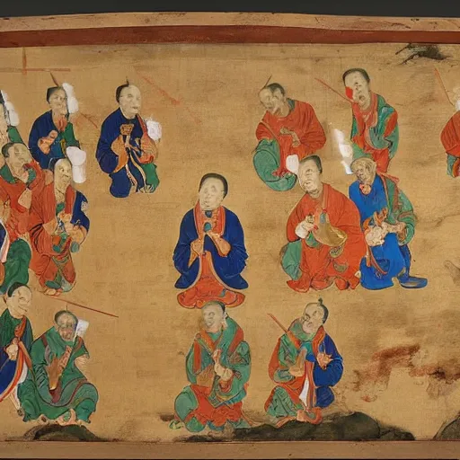 Image similar to a group of Jesuits drawing on Chinese scrolls, 14th century fresco, masterpiece