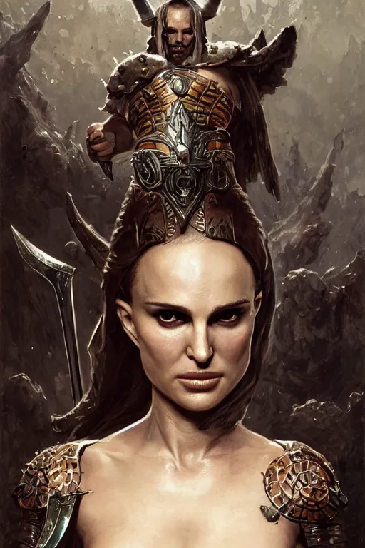 Image similar to natalie portman, legendary warrior, heroic fighter, diablo, fighting fantasy, tattoos, decorative ornaments, battle armor, by carl spitzweg, ismail inceoglu, vdragan bibin, hans thoma, greg rutkowski, alexandros pyromallis, perfect face, finely detailed, realistic shading