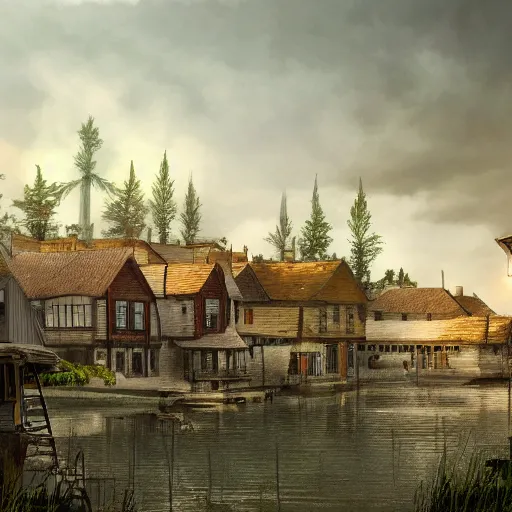 Prompt: concept art of a victorian town on the edge of a lake. Digital art. Realistic. Highly detailed.