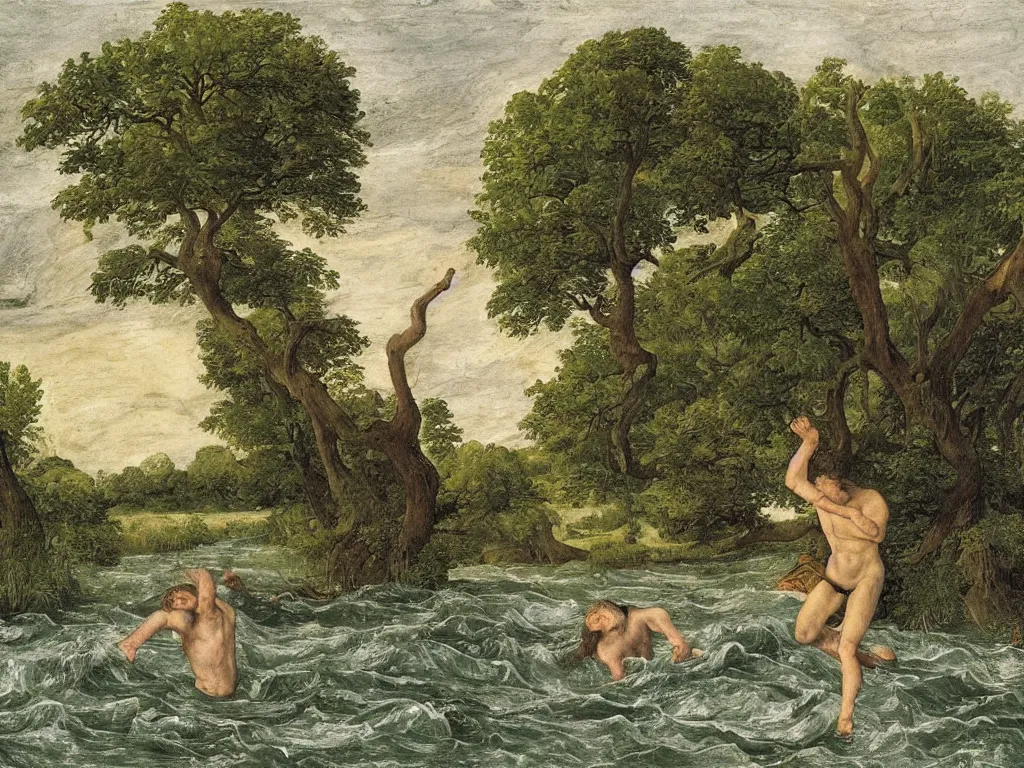 Prompt: Young man swimming in a turbulent river in the afternoon. Acacia trees in the wind, lightning strikes. Painting by Lucas Cranach, Caspar David Friedrich, Lucian Freud.