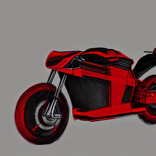 Image similar to drawing of next Gen prototype concept innovative award winning red motorcycle, Japanese engineering, blade runner style, 3d, photorealism