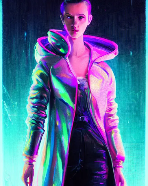 Image similar to detailed portrait of European Pretty Young Girl Sheen Holographic Jacket coat, Futuristic sci-fi fashion, royal attire cyberpunk, neotokyo, synthwave, aesthetics, futuristic, low-emission-neon, bladerunner movie scene by ismail inceoglu dragan bibin hans thoma greg rutkowski Alexandros Pyromallis Nekro Rene Margitte illustrated Perfect face, fine details, realistic shaded, fine-face, pretty face sharp chine