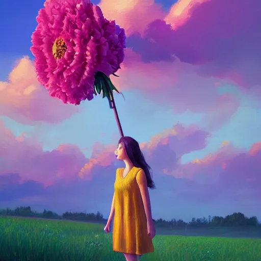 Image similar to girl with a giant carnation head, surreal photography, flower field, sunset dramatic light, impressionist painting, colorful clouds, blue sky, digital painting, artstation, simon stalenhag