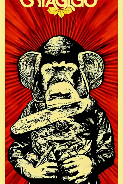 Prompt: Shepard Fairey poster of reggae weed smoking monkey , color, high resolution.