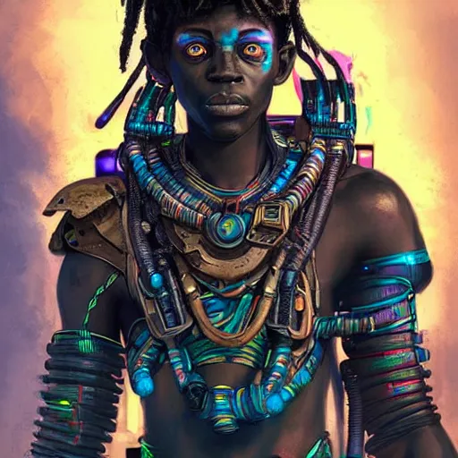 Image similar to a dark and ominous cyborg african child soldier with glowing eyes and steel dreadlocks, neon graffiti, Apex Legends character digital illustration portrait design, by android jones and greg rutkowski in a cyberpunk voodoo style, retrowave color scheme, detailed, cinematic lighting, wide angle action dynamic portrait