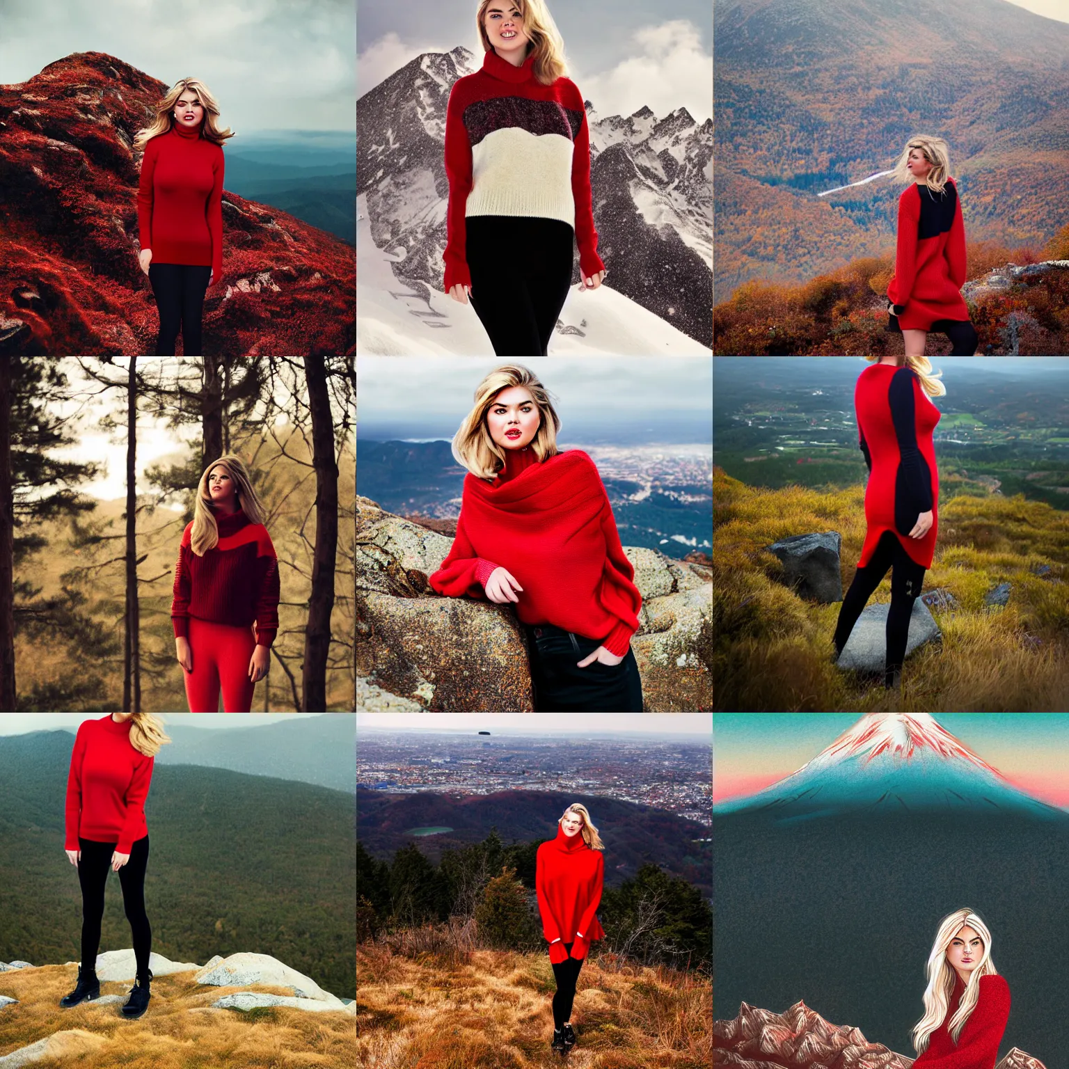 Prompt: kate upton standing on top of the mountain, wearing sweater, red and black color palette, by wlop