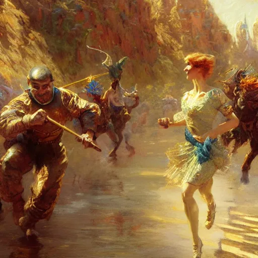 Image similar to the kingdom of frenzied running, close - up, painting by gaston bussiere, craig mullins, j. c. leyendecker, 4 k, 8 k, trending on artstation, artstationhd, artstationhq, highest detail