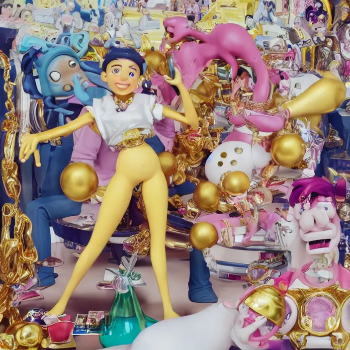 Prompt: jeff koons hip hop bauhaus style street sharks sailor moon wearing diamond grillz and a ton of bussdown iced gold bling in wallace & gromit strata - cut claymation, ultra realistic, concept art, intricate details, serious, highly detailed, photorealistic, octane render, 8 k, unreal engine, art by alphonse mucha