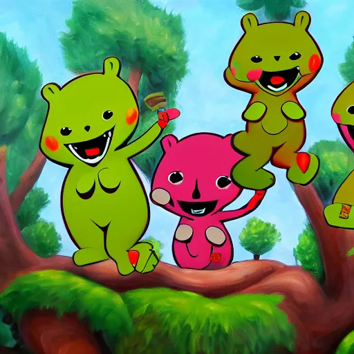 Image similar to Extremely muscular happy tree friends, high quality 8k hd, oil on canvas, hyperralistic art