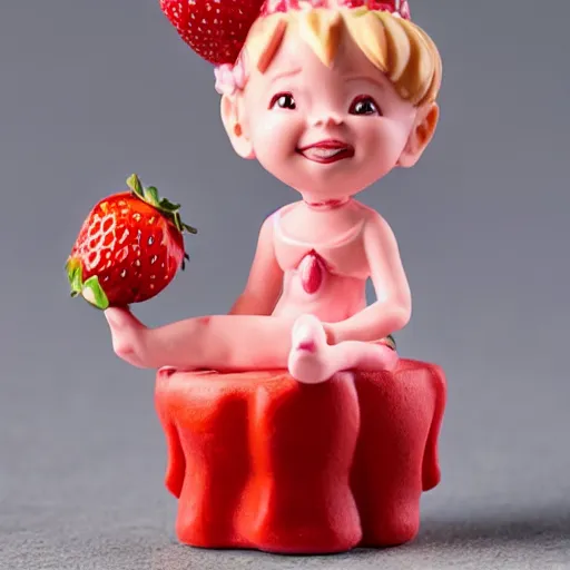 Image similar to a femo figurine of a cute funny strawberry fairy sitting on top of a jar of strawberry jam