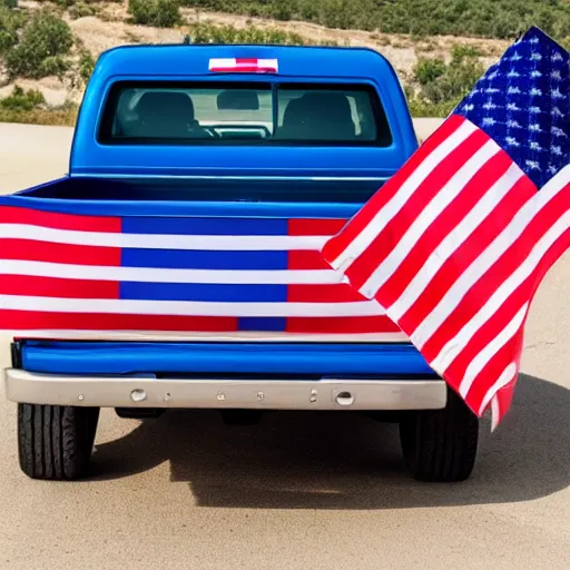 Image similar to photo of blue pickup truck with american flags, there are very attractive woman in the back of the truck whering bikinis.
