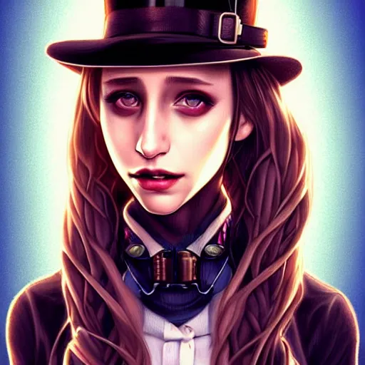 Prompt: in the style of diego fazio, artgerm, beautiful taissa farmiga, steampunk, full color, elegant pose, middle shot waist up, symmetrical face symmetrical eyes, three point lighting, detailed realistic eyes, short neck, insanely detailed and intricate elegant