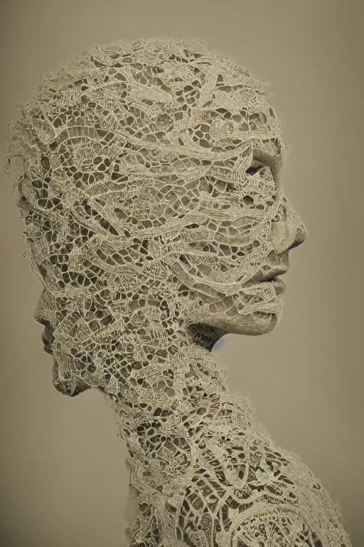 Image similar to a woman's face in profile, made of intricate lace skeleton, in the style of the dutch masters and gregory crewdson, dark and moody