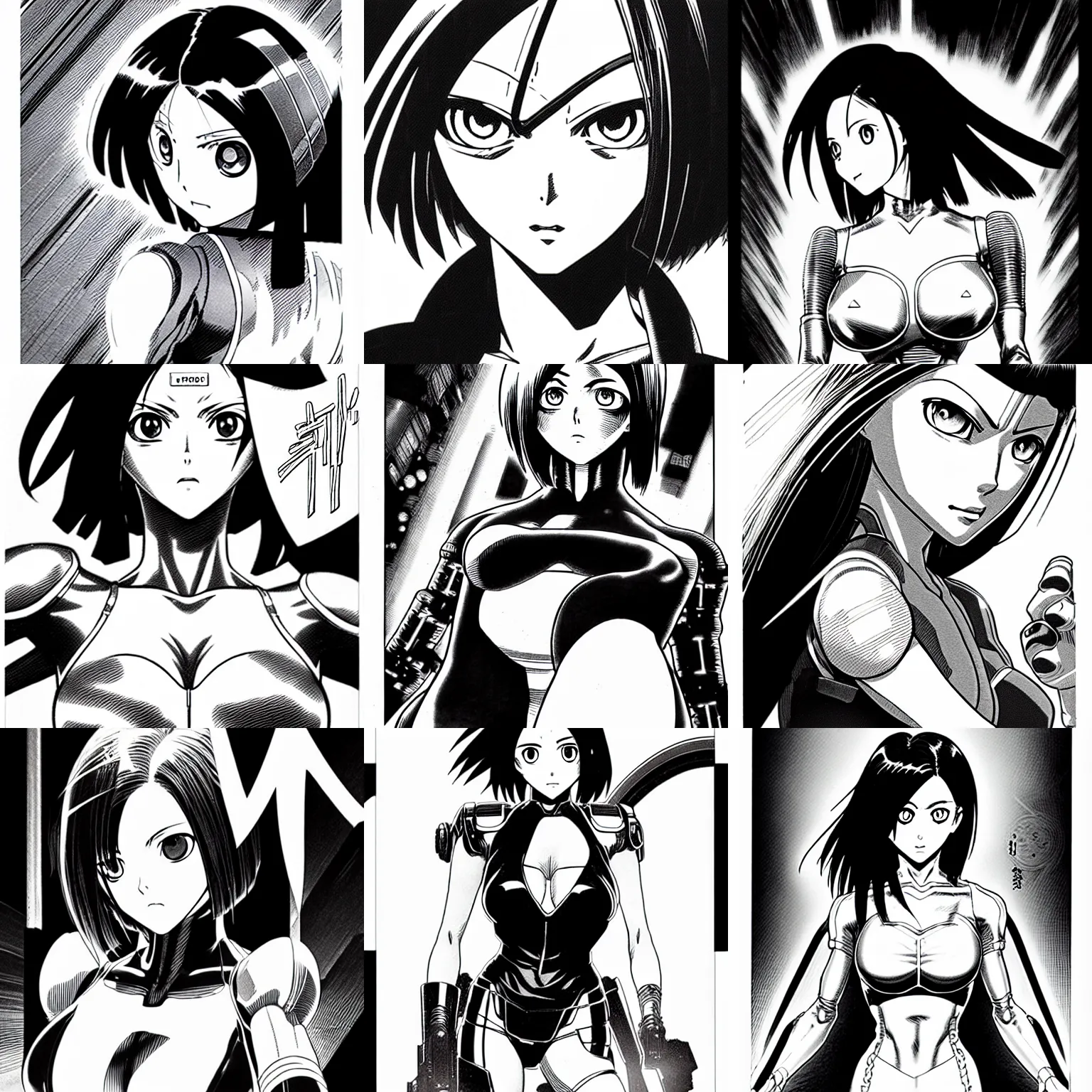 Image similar to alita by yukito kishiro. medium shot. black and white manga.